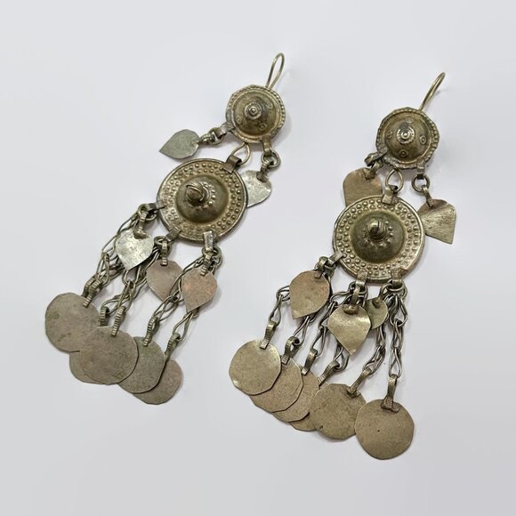 Boho Earrings, Afghan, Medallions, Middle Eastern, Kuchi, Old, Patina, Vintage - Picture 2 of 3